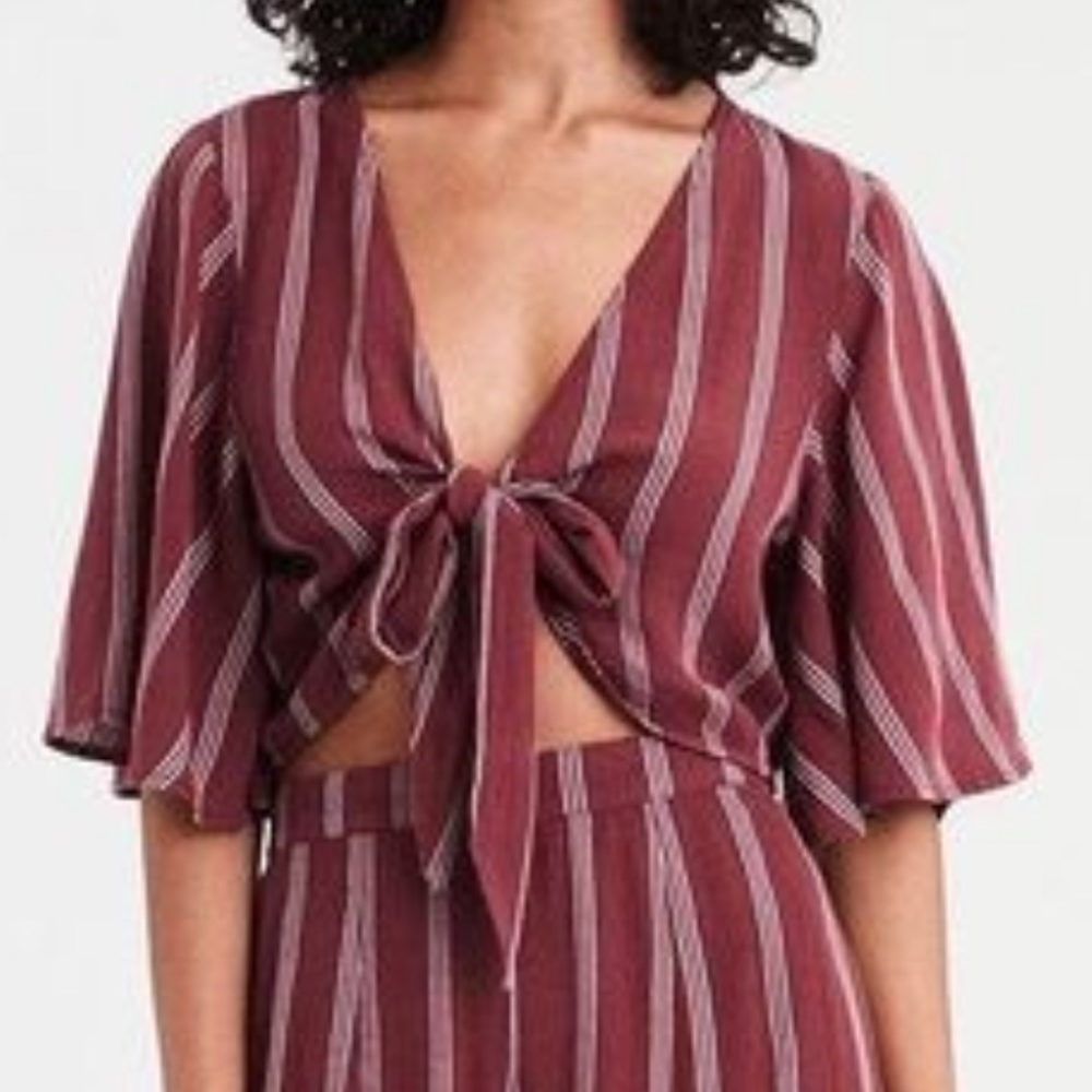 American Eagle | Front Tie Striped Burgundy Crop Top
